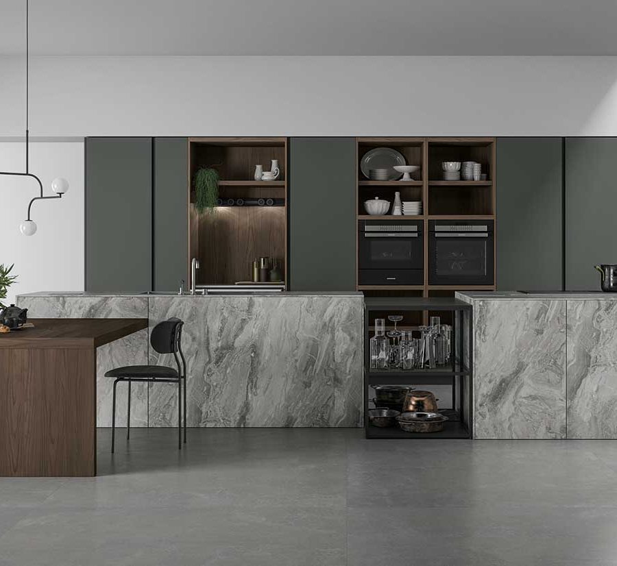 COCINA DE ESTRATIFICADO HPL PIEDRA Y FENIX® CON ISLA