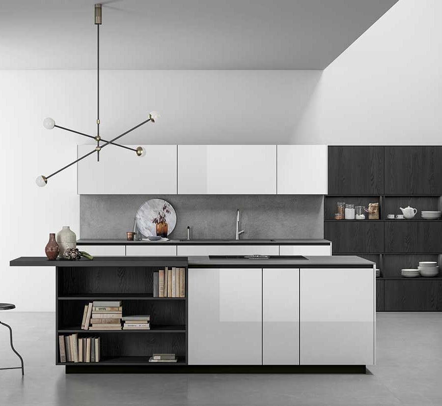 COCINA DE VIDRIO Y GRES CON ISLA