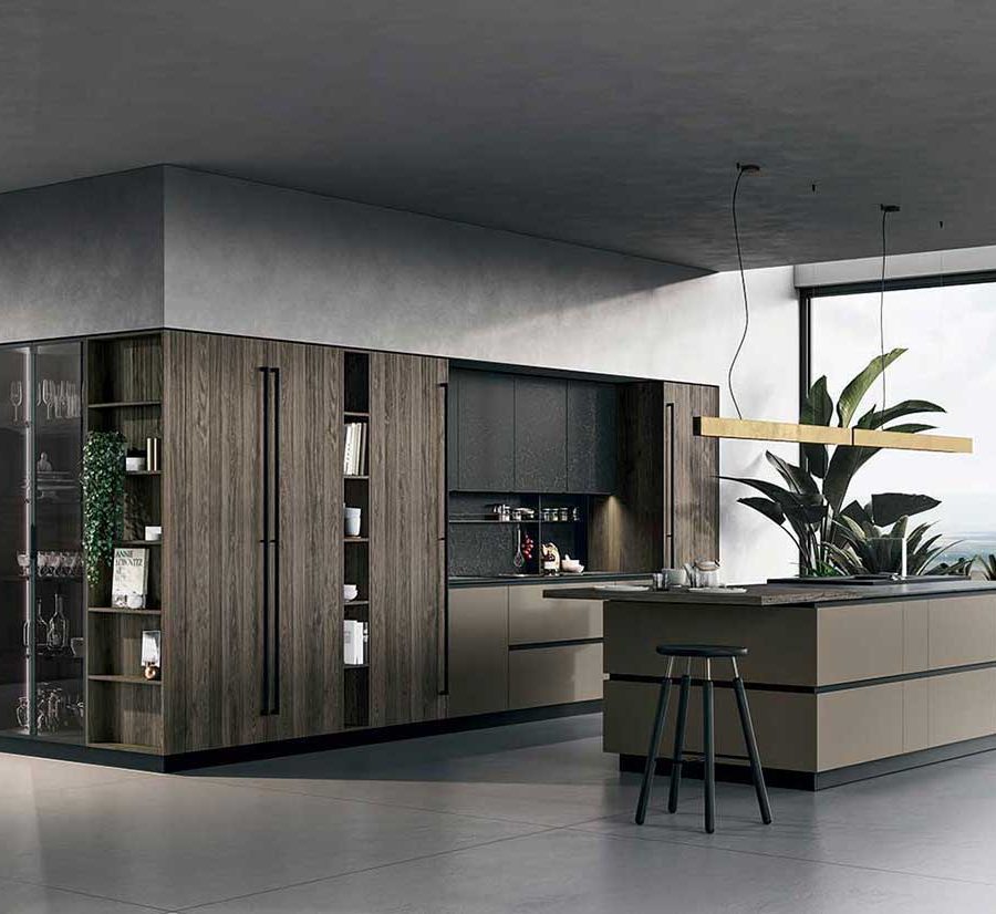 COCINA CON ISLA Y ENCIMERA GRES NEGRO Y MADERA