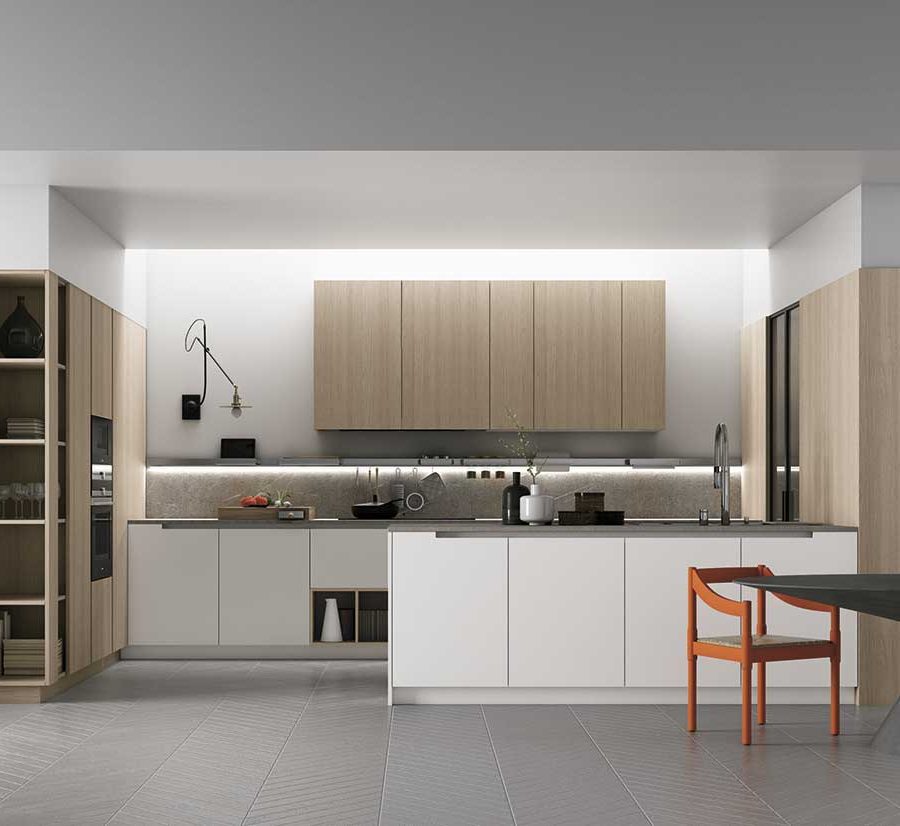 COCINA CON ISLA EN LACA Y MADERA